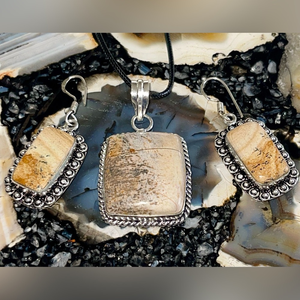 Picture Jasper Pendant & Earrings Set